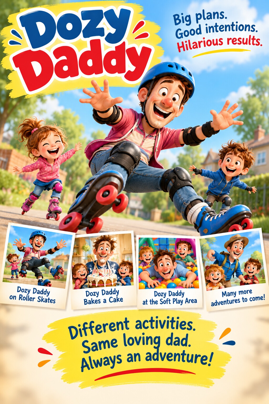 Colourful Dozy Daddy poster showing Daddy roller-skating with Molly and Joel
